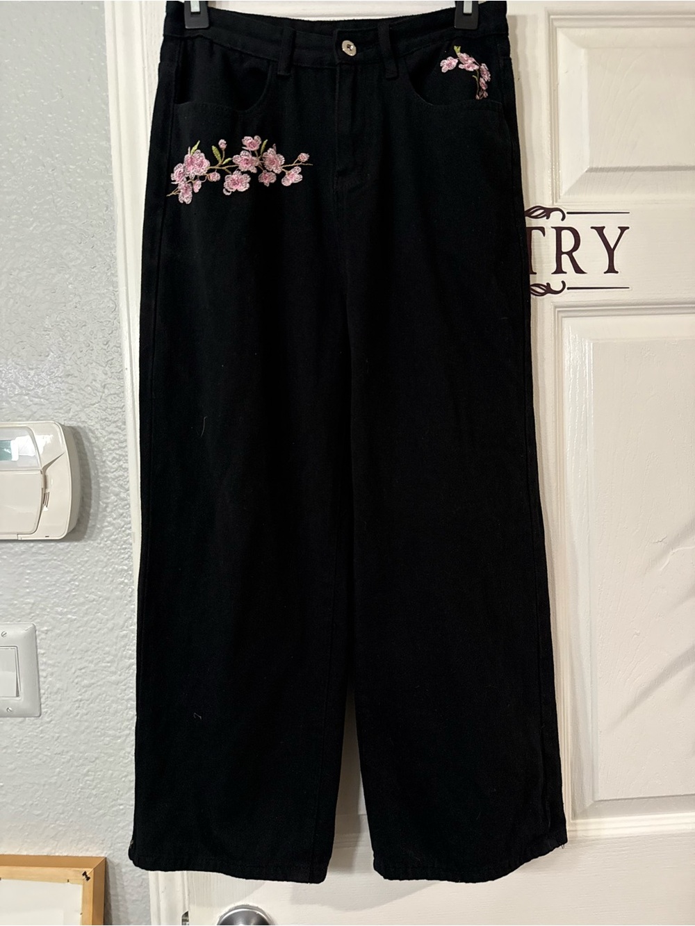 Black Wide-Leg Pants with Pink Floral Embroidery - Women's Men Pants